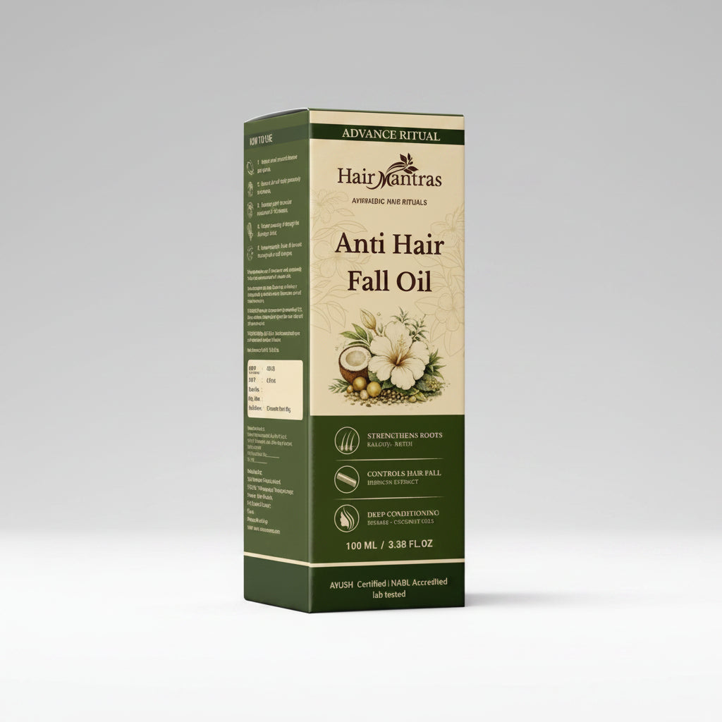 Box of Hair Mantras Anti Hair Fall Oil on a white background